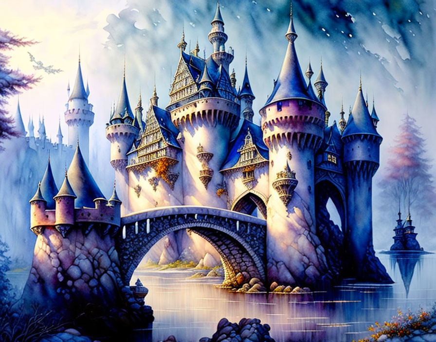 Mystical castle with spires and towers by serene lake and stone bridge