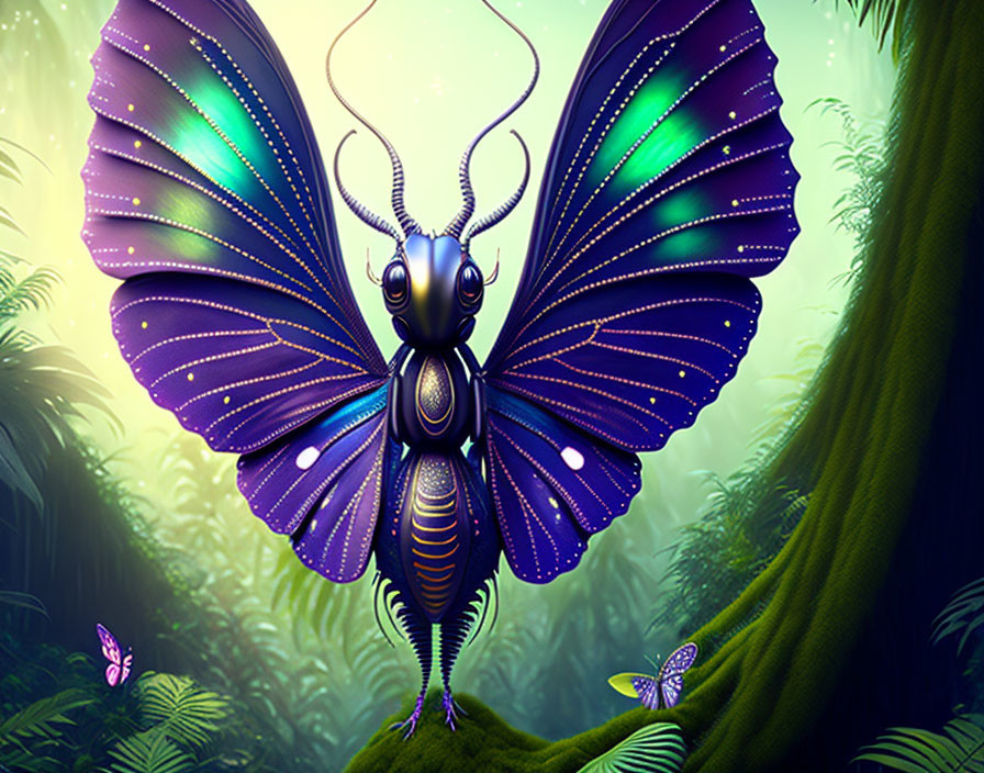 Robotic butterfly with purple wings in lush green forest