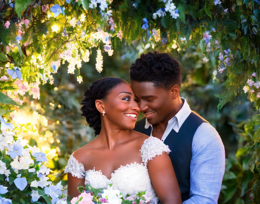 Smiling couple in wedding attire embraces in blossoming garden