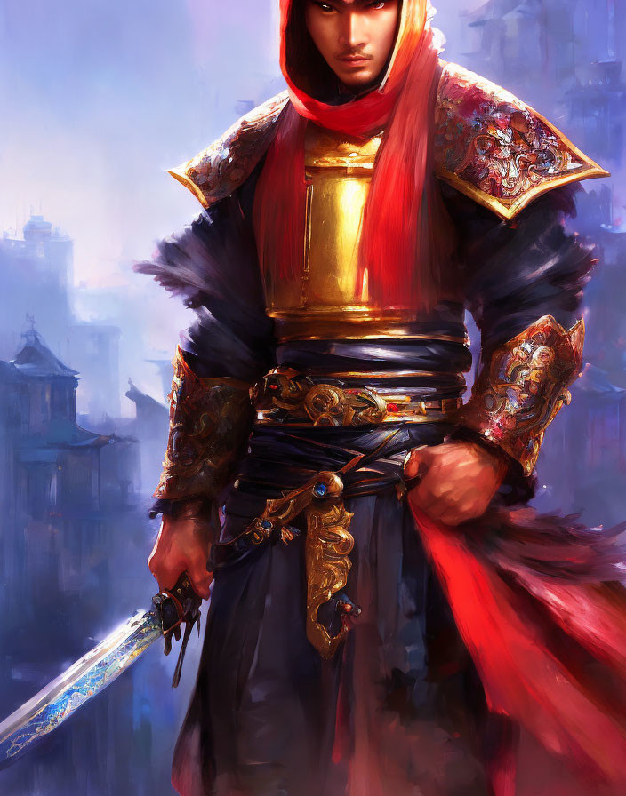 Digital painting of stern warrior in red and gold armor with drawn sword in blurred cityscape.