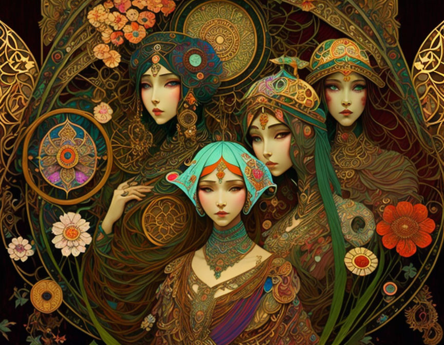 Four stylized women with intricate headdresses and jewelry against dark floral backdrop