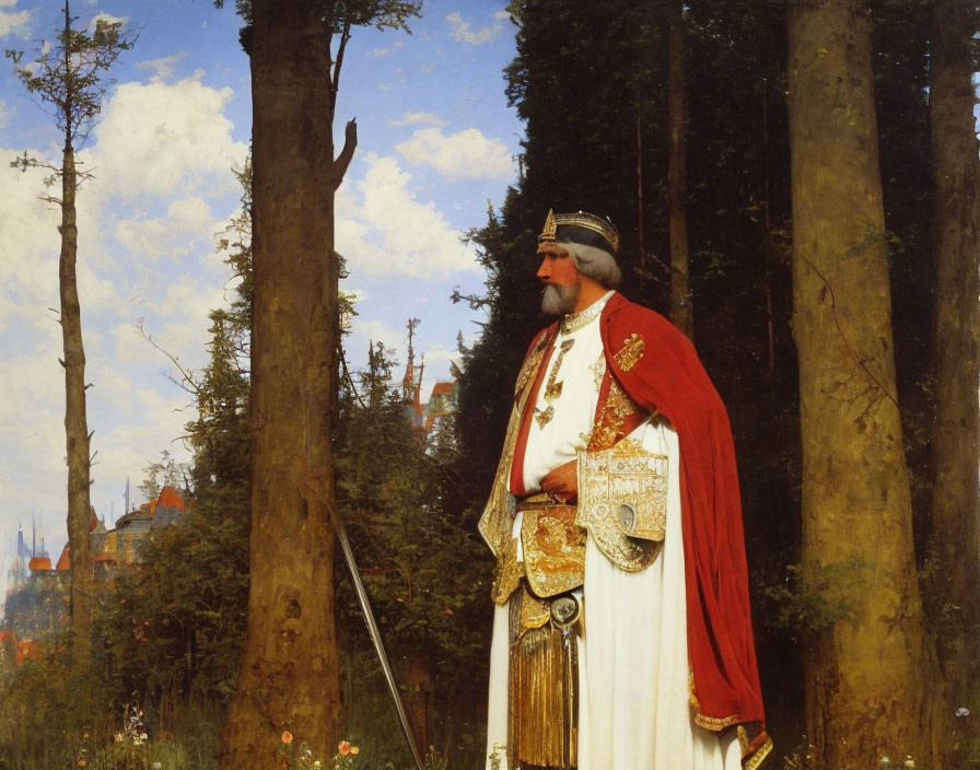 Regal medieval figure with crown, sword, and shield in forest clearing