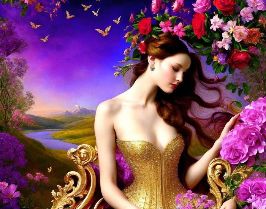 Woman in golden dress surrounded by flowers and butterflies in picturesque landscape