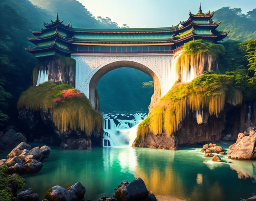 Traditional Asian Arch Bridge Over Waterfall in Lush Greenery