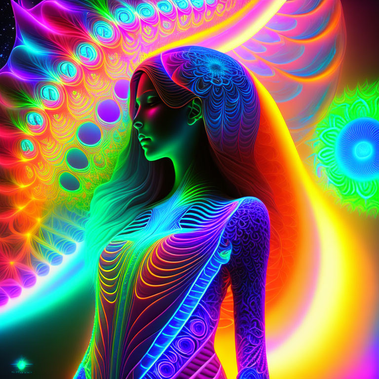 Colorful digital artwork: Woman with intricate patterns on body in neon background