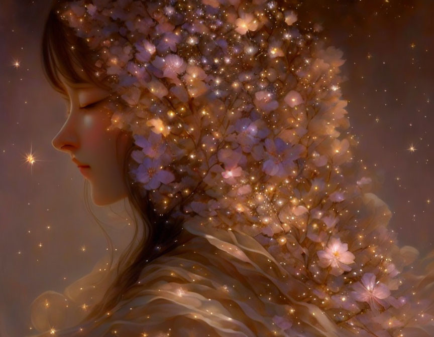 Illustration of woman with flowers and stars in her hair: serene and ethereal glow