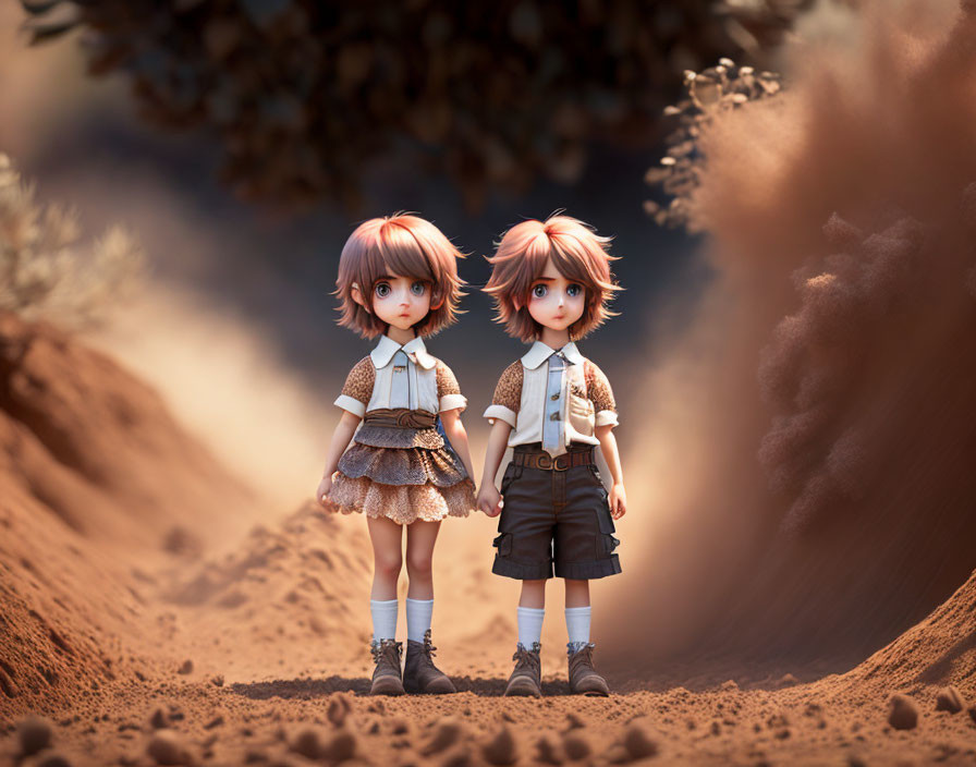 Animated dolls with lifelike features in desert setting with sand whirlwind