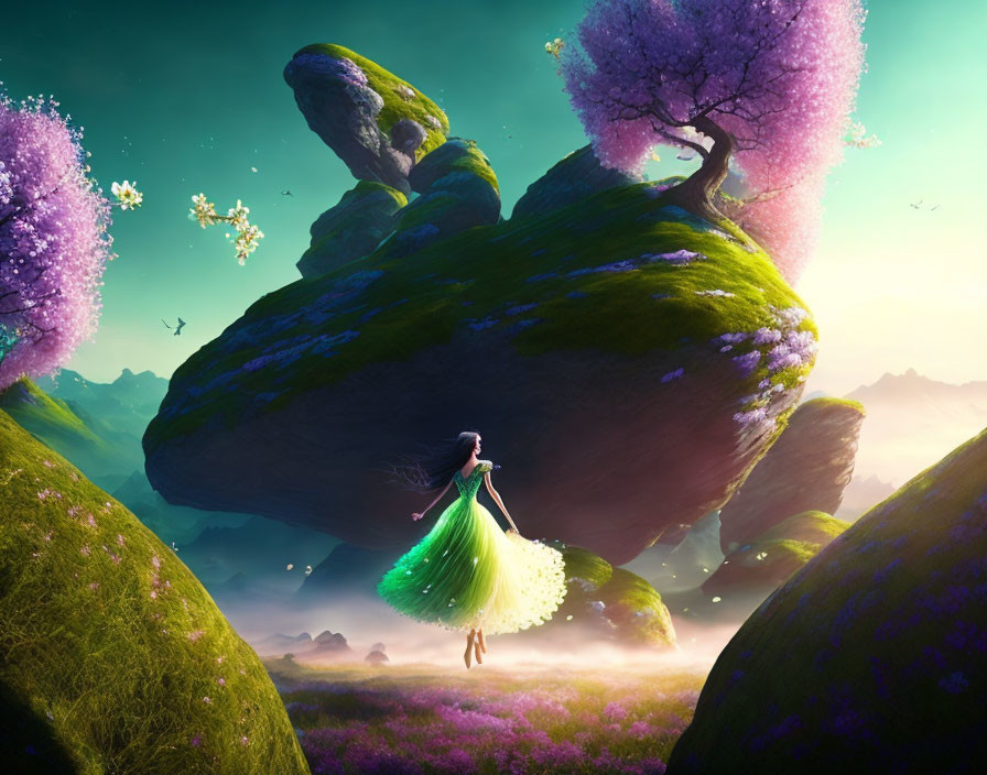 Lone figure in green dress in vibrant fantasy landscape