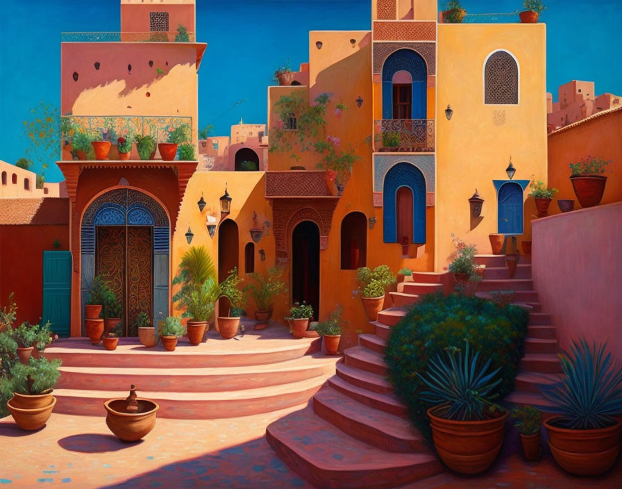 Colorful Moroccan Courtyard with Terracotta Pots and Traditional Architecture