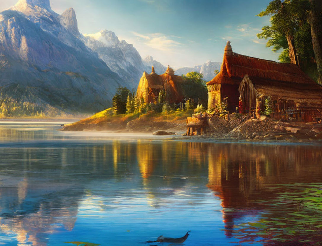 Rustic Cabins by Lake with Mountain Reflections at Sunrise or Sunset