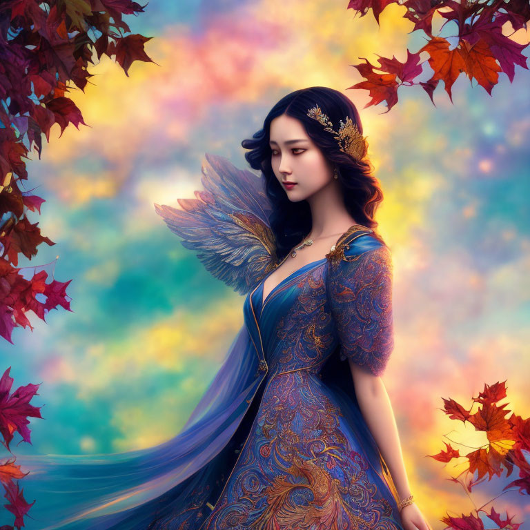 Mystical woman with angel wings in ornate dress among autumn leaves