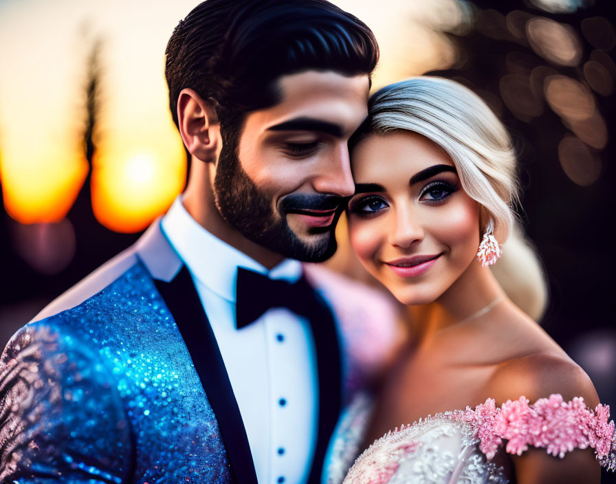 Formal attire couple in blue tuxedo and pink dress with sunset background.