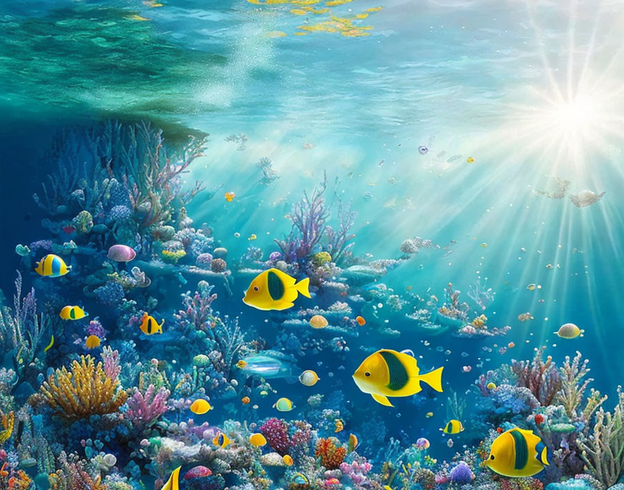 Colorful fish and coral reefs in vibrant underwater scene