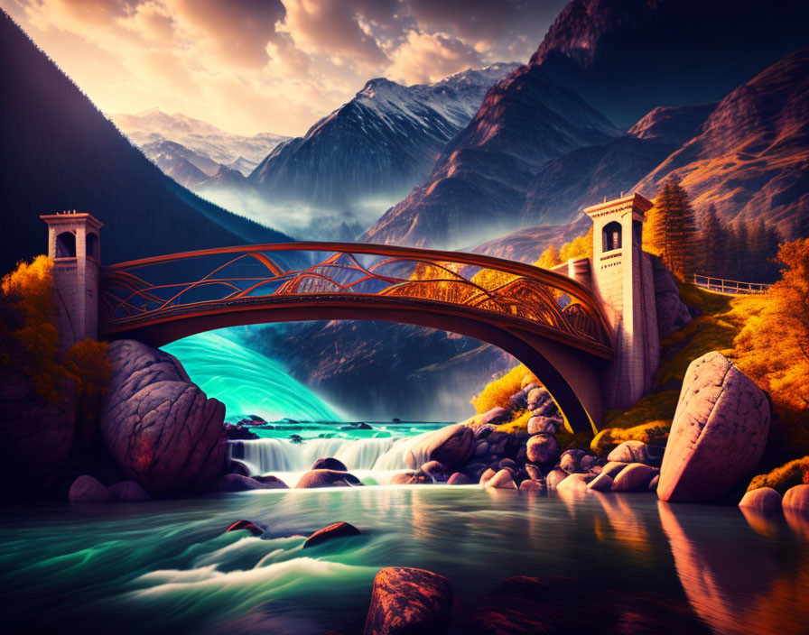 Ornate bridge over turquoise river amid autumn trees and mountains