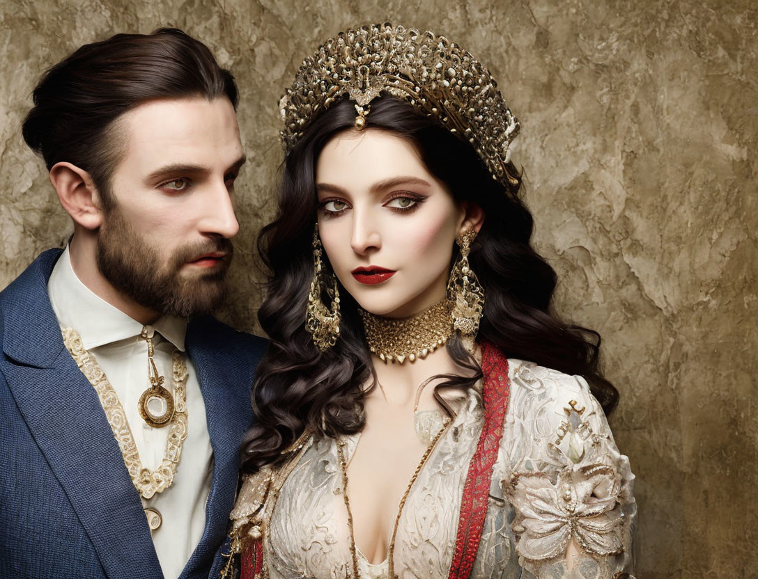 Regal couple in historical attire with blue suit and jeweled accessories on earthy backdrop