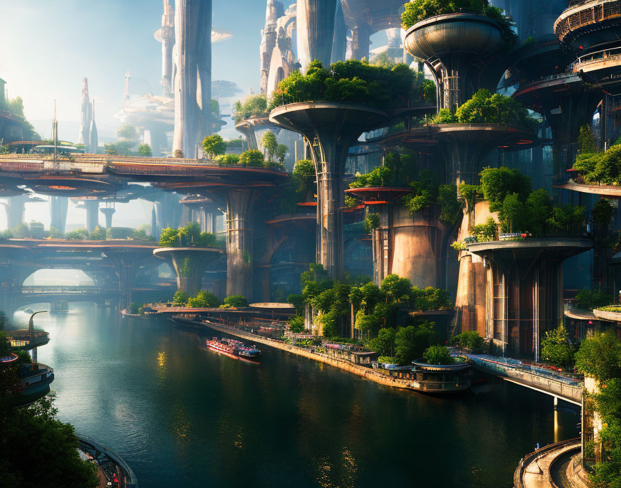 Futuristic cityscape with lush greenery, towering structures, and smooth waterways