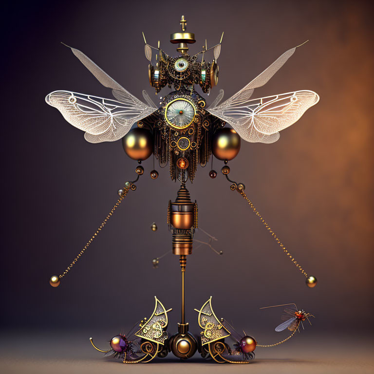 Intricate steampunk mechanical insect with clockwork features