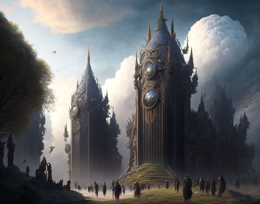 Majestic fantasy landscape with gothic structures in misty setting