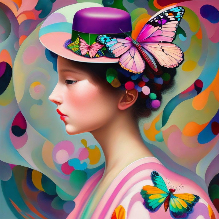 Colorful Hat Woman with Butterfly on Vibrant Swirling Circles Background