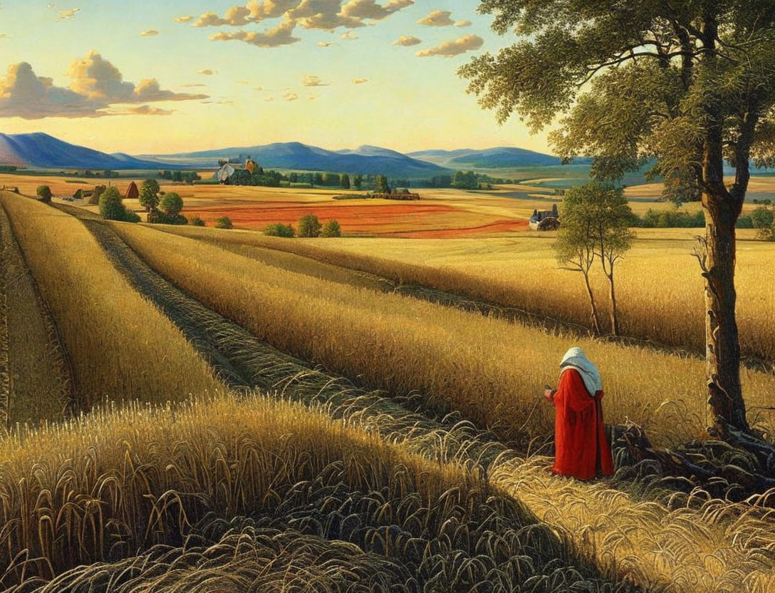 Woman in Red Cloak Stands in Wheat Field with Mountains