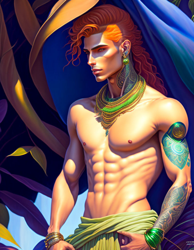 Muscular man with red hair, exotic jewelry, tattoos in vibrant blue setting