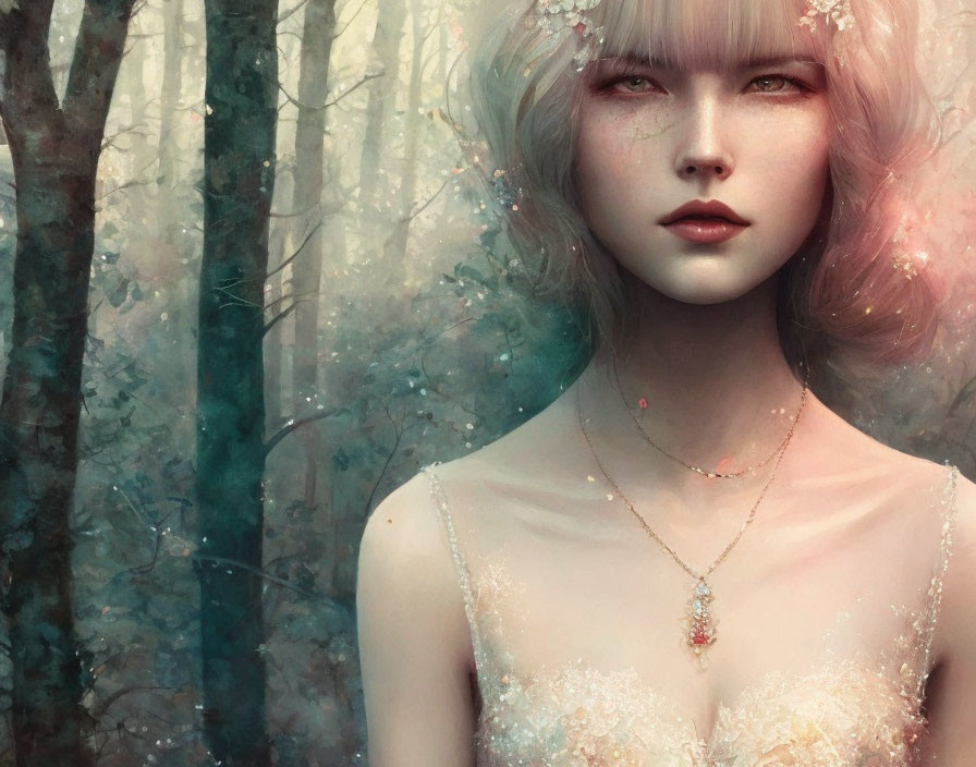 Digital artwork: Pale-skinned woman with white hair in mystical forest setting.