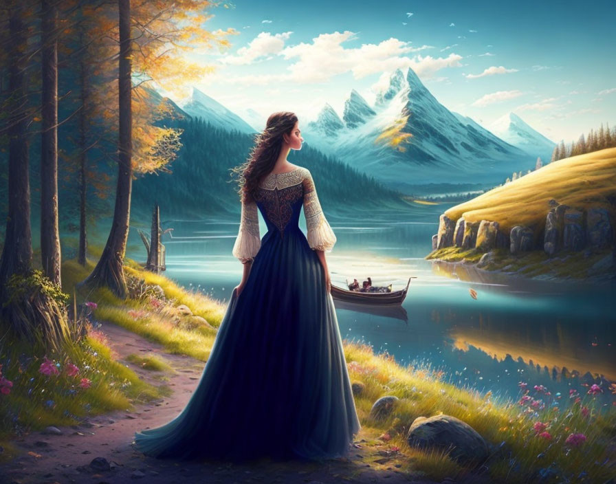 Woman in flowing dress by serene lake and mountain range with vibrant nature.