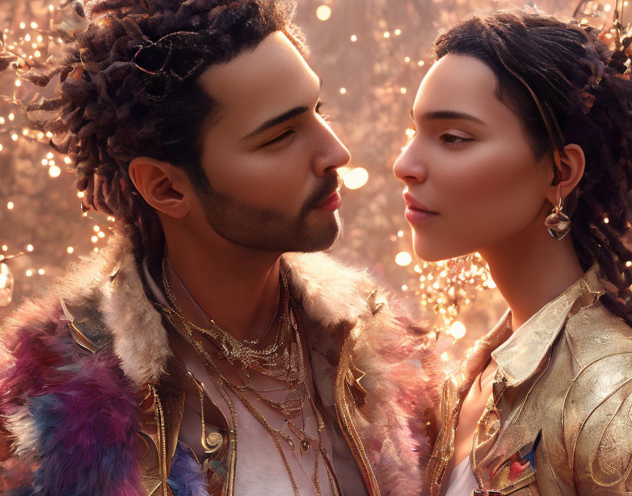 Man and woman adorned with gold jewelry gazing at each other under warm lights