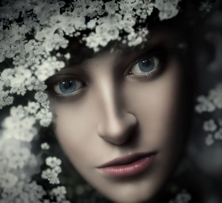 Close-up portrait of person with striking blue eyes and delicate white flowers for a mystical atmosphere