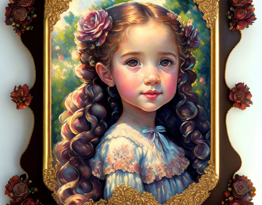 Young girl with curly hair in floral dress, gold frame with roses