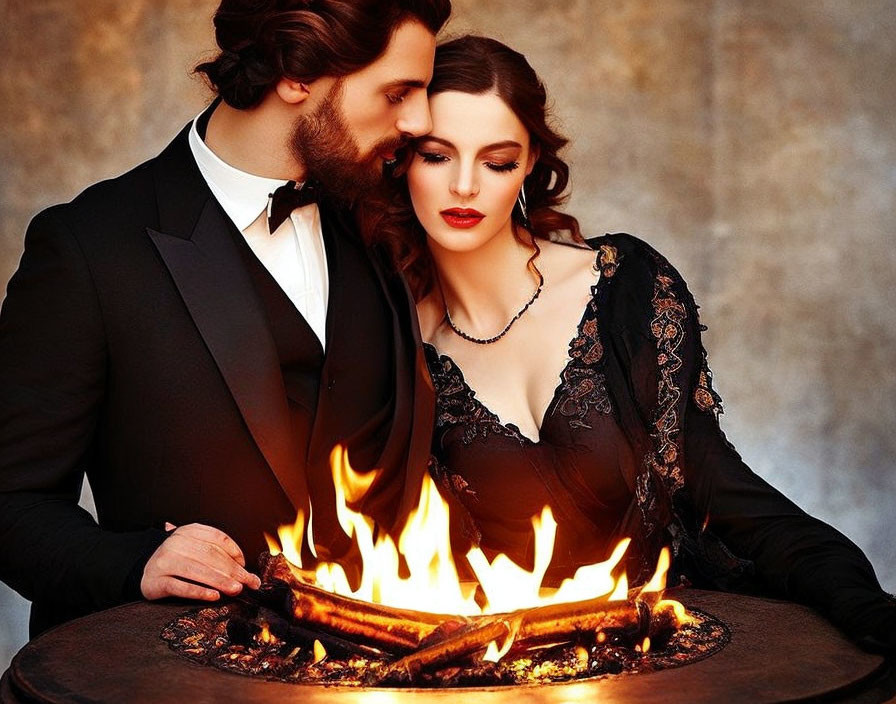 Formal couple leaning over table with small fire