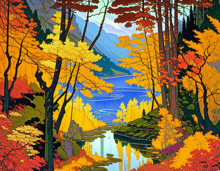 Colorful autumn forest illustration with river reflection