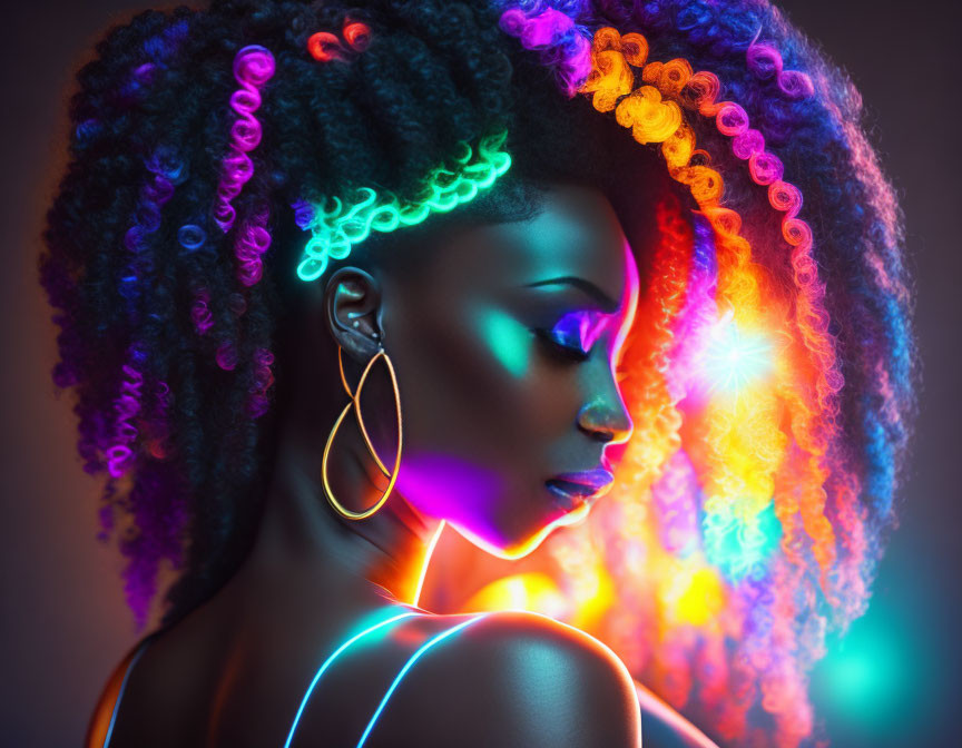 Colorful Neon-Lit Hair Woman Profile in Vibrant Lights