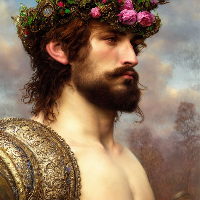 Classical painting of bearded man in armor with floral crown against cloudy sky