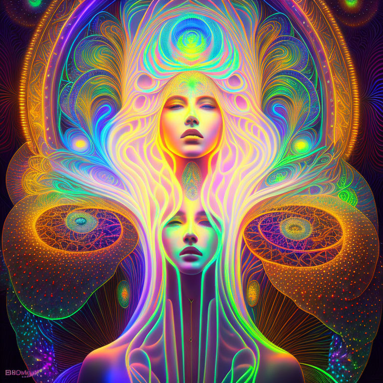 Colorful digital artwork of symmetrical female figures with psychedelic patterns.