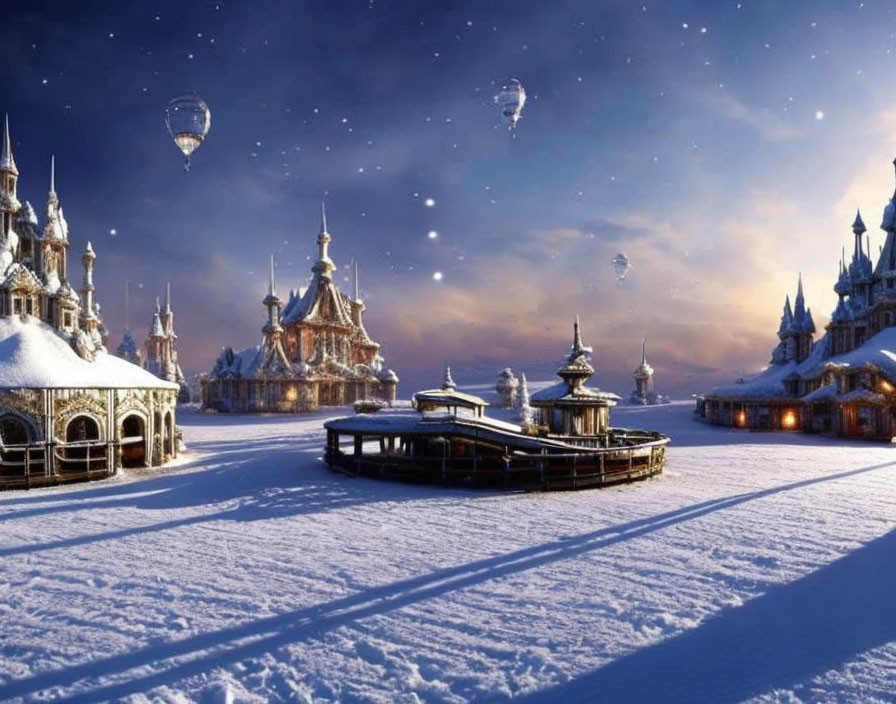 Snowy evening scene with ornate buildings and hot air balloons at twilight