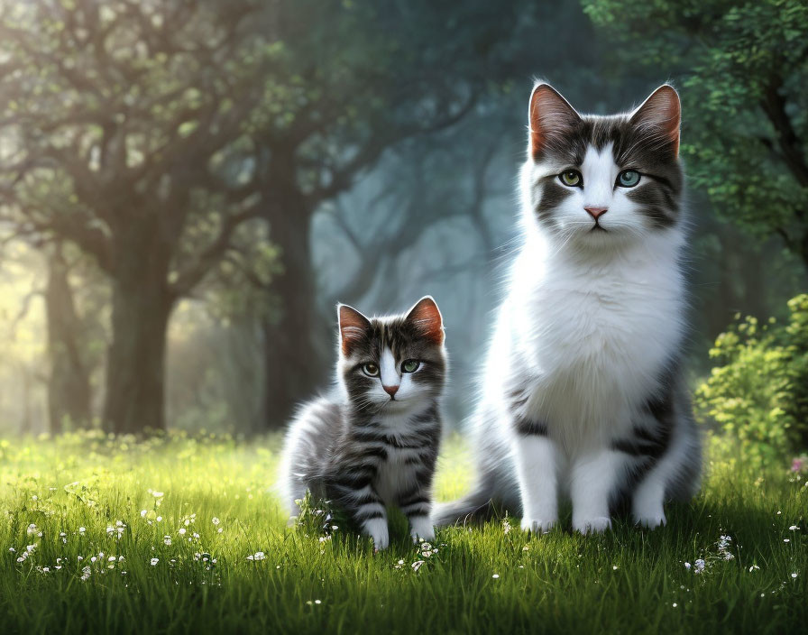 Fluffy Cats in Sunlit Meadow with Trees and Flowers