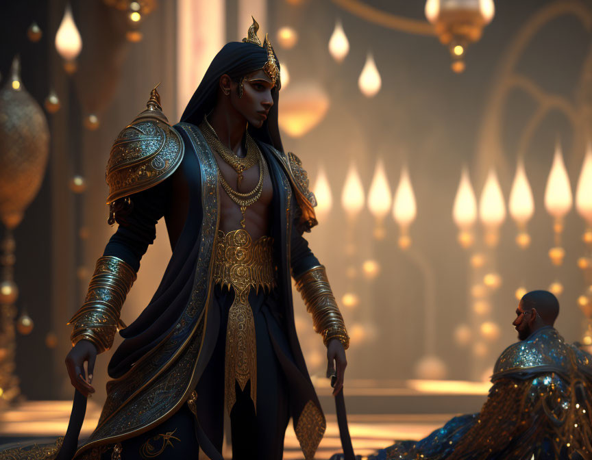 Regal animated character in ornate armor in candlelit hall