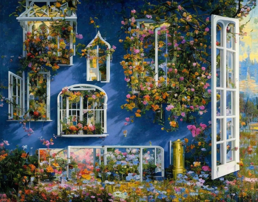 Whimsical painting of white door surrounded by vibrant flowers and starry sky