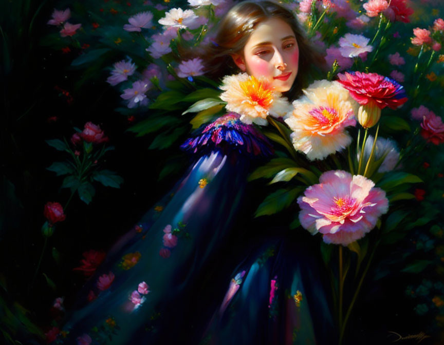 Woman surrounded by vibrant flowers in dreamy atmosphere