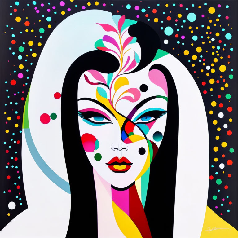 Colorful Pop Art Style Portrait of Woman with Decorative Elements