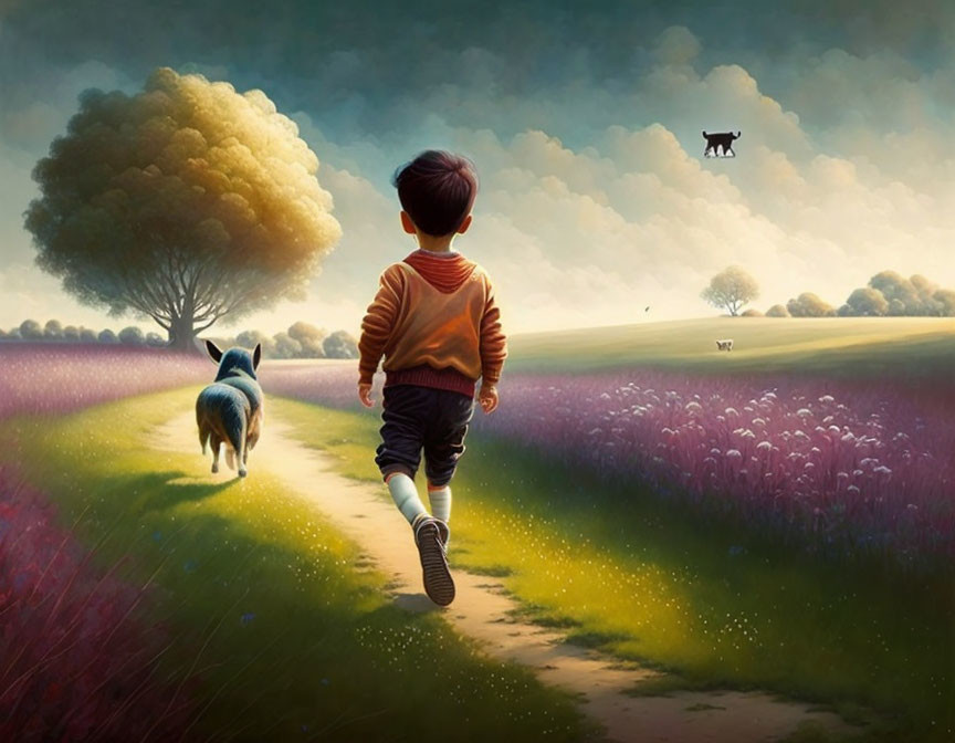 Young boy running with dog towards cow in vibrant field landscape