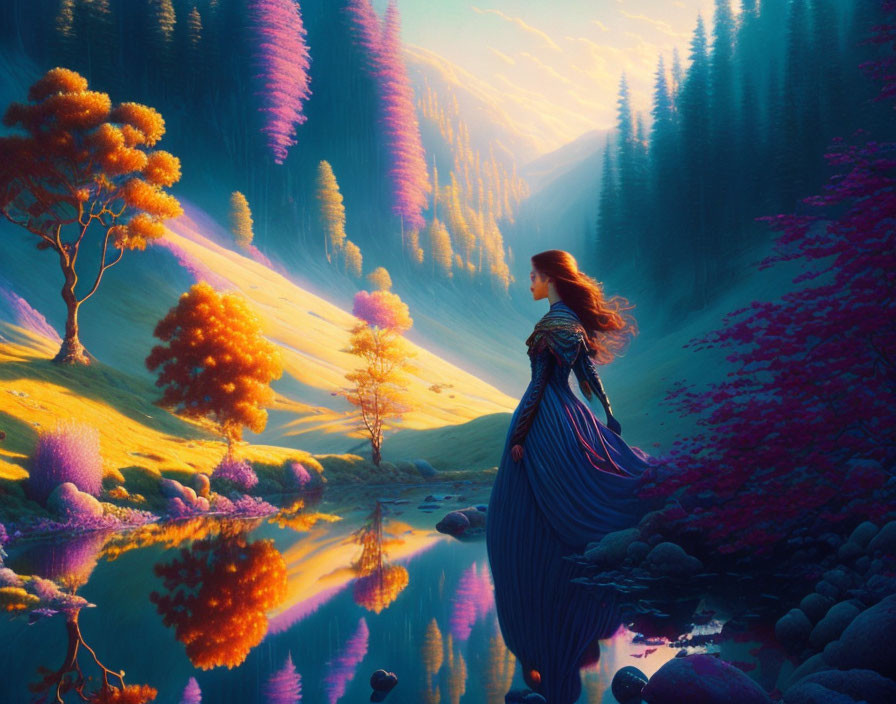 Woman in flowing blue gown by serene lake in vibrant surreal landscape