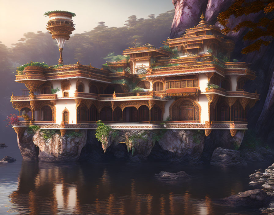 Golden palace on rock by tranquil river with lush greenery and rosy dawn sky