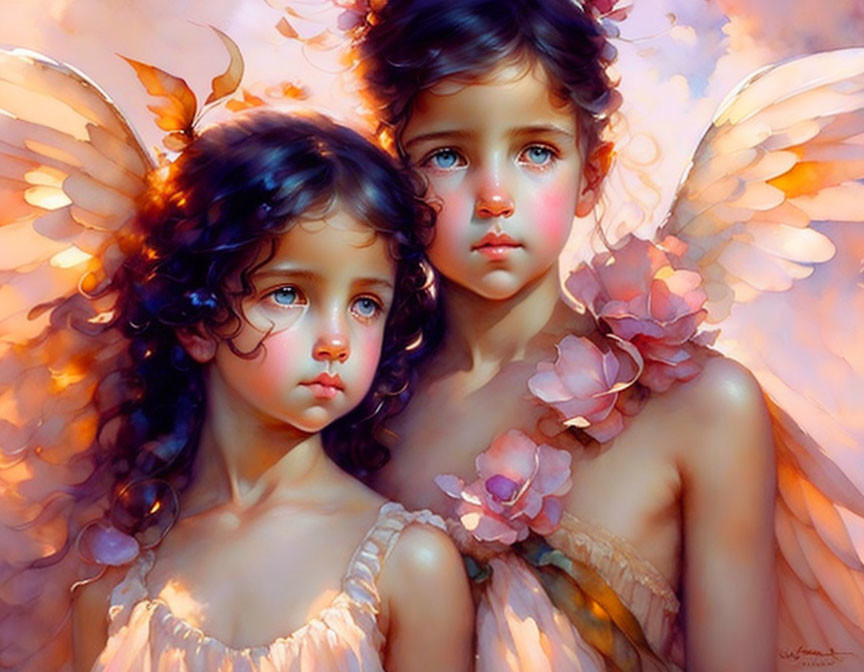 Angelic children with wings in soft glow and pastel hues surrounded by flowers