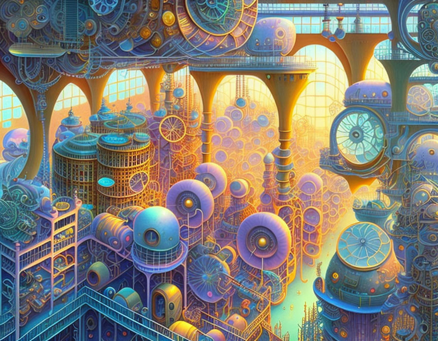 Fantastical cityscape with whimsical architectures and clock elements