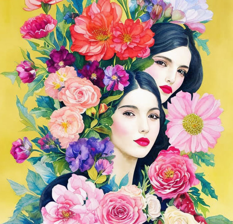 Colorful floral illustration featuring two women with porcelain complexions