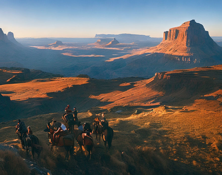 Horseback riders in rugged desert with towering buttes at sunset