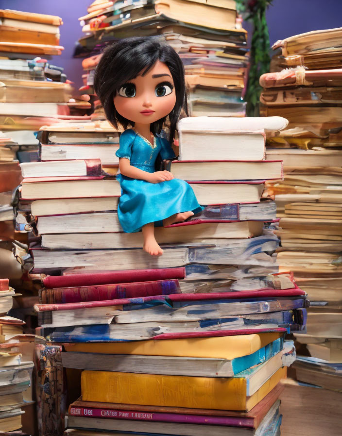 Colorful 3D Animated Character Surrounded by Books