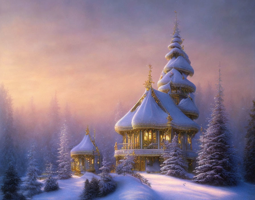 Snow-covered fairytale building in tranquil winter forest at dusk